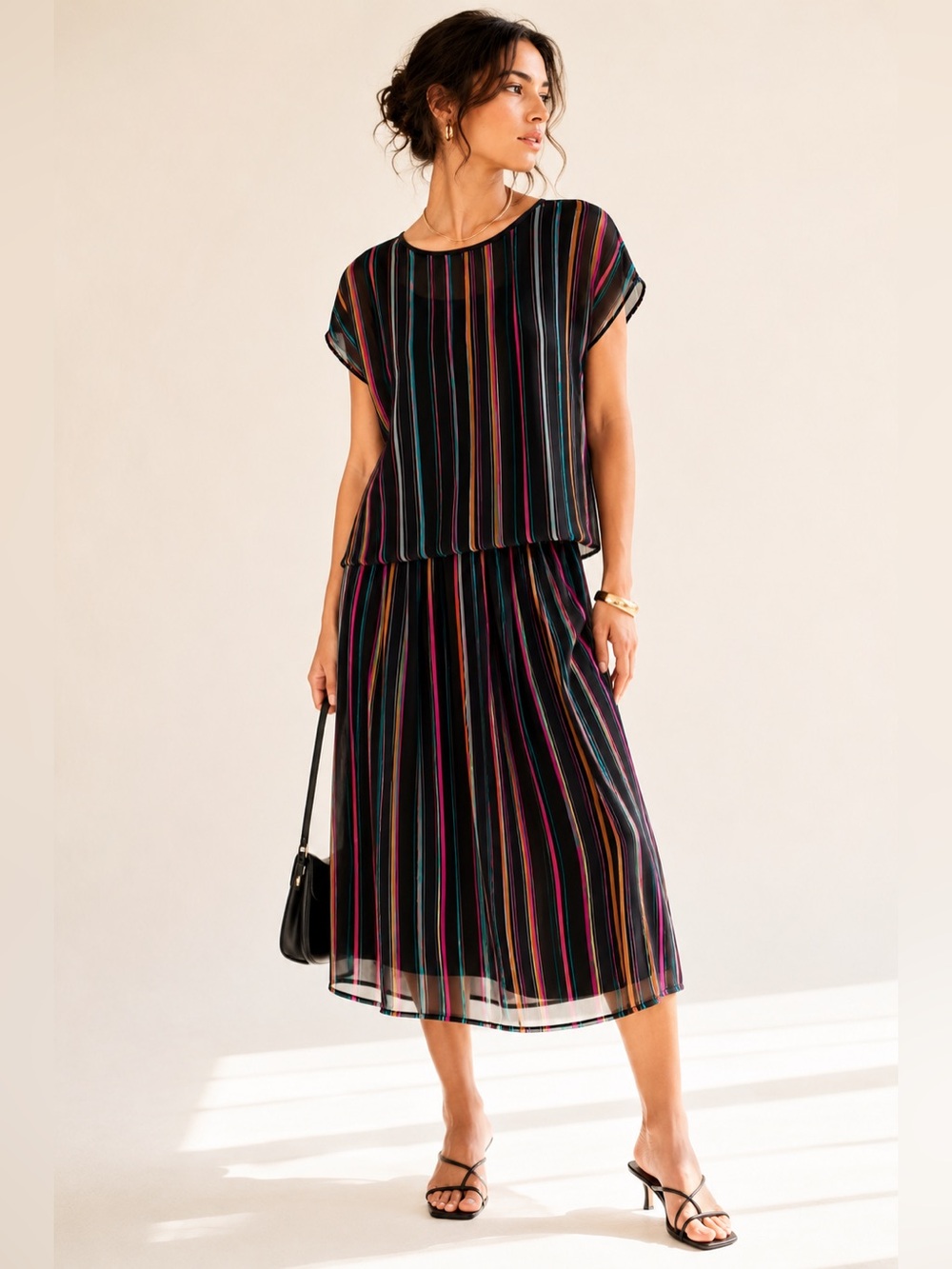 Vintage 90s Sheer Stripe Blouse Skirt Set Statement Colorway Clichy Petite Sz 12